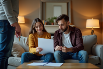 Jeunes adultes discutant d'un contrat de location dans un salon chaleureux