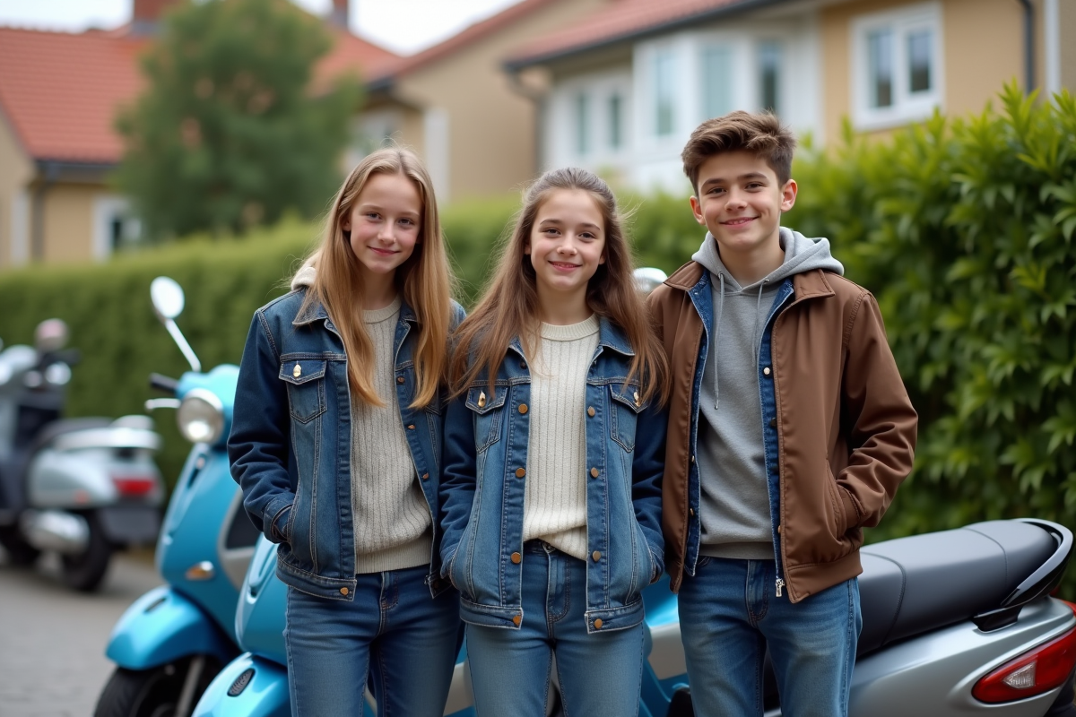 Trois adolescents avec scooters dans un quartier résidentiel