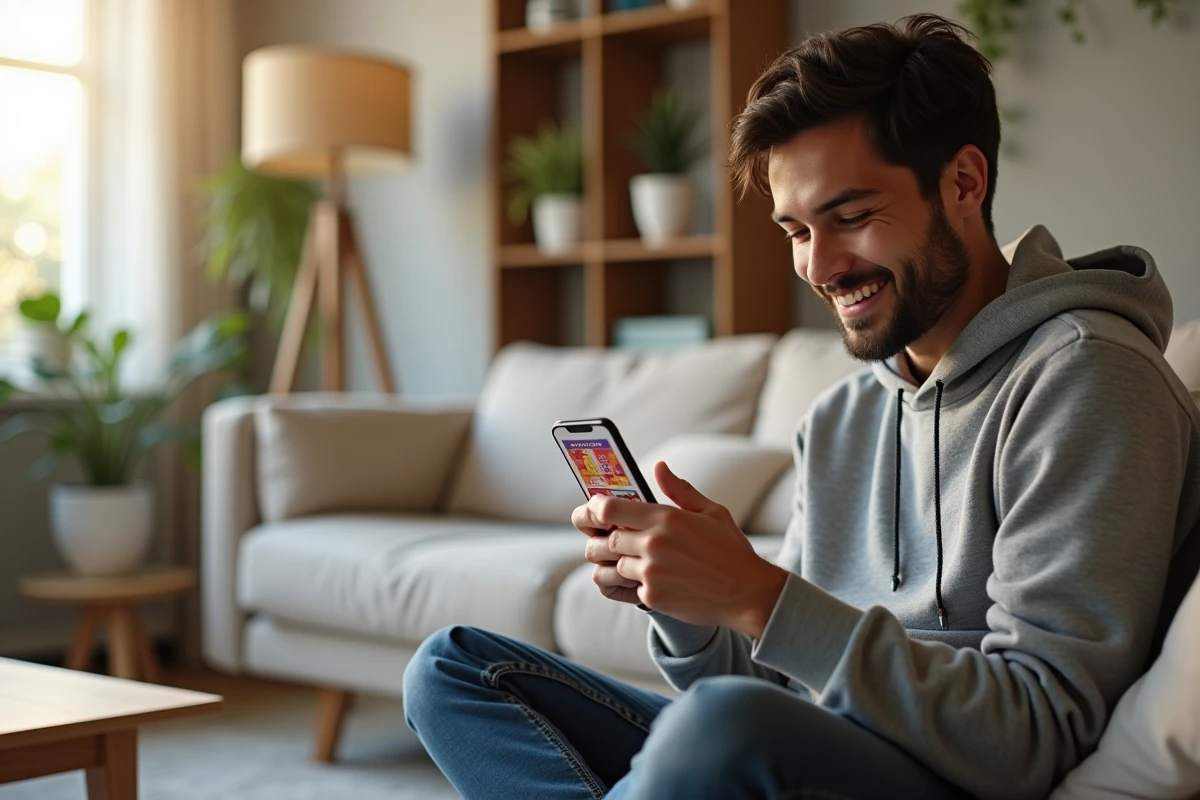 Joueur mobile adulte concentré sur une partie de Monopoly GO sur smartphone depuis son canapé
