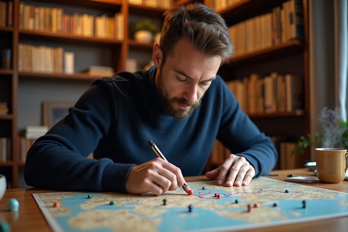 Homme concentré planifiant une stratégie sur un jeu de plateau tactique dans un bureau chaleureux