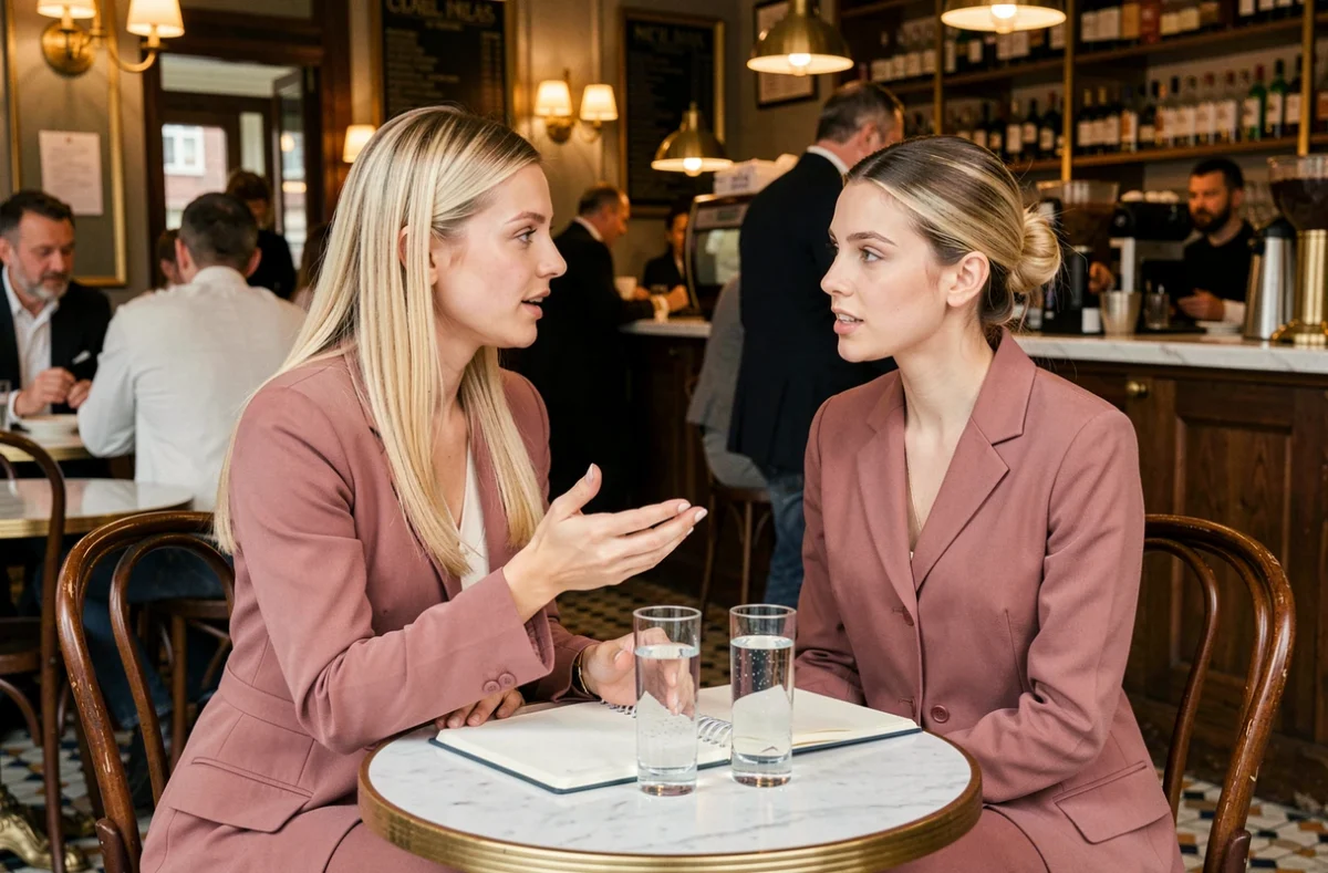 Jeune femme de télé-réalité accordant une interview dans un café parisien chic, discussion sur l'évolution de la télé-réalité en 2026 dans l'esprit de Frenchie Shore