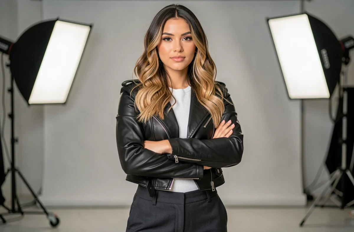 Jeune personnalité de télé-réalité française en studio de tournage adoptant une pose confiante, évoquant l'univers de Frenchie Shore en 2026
