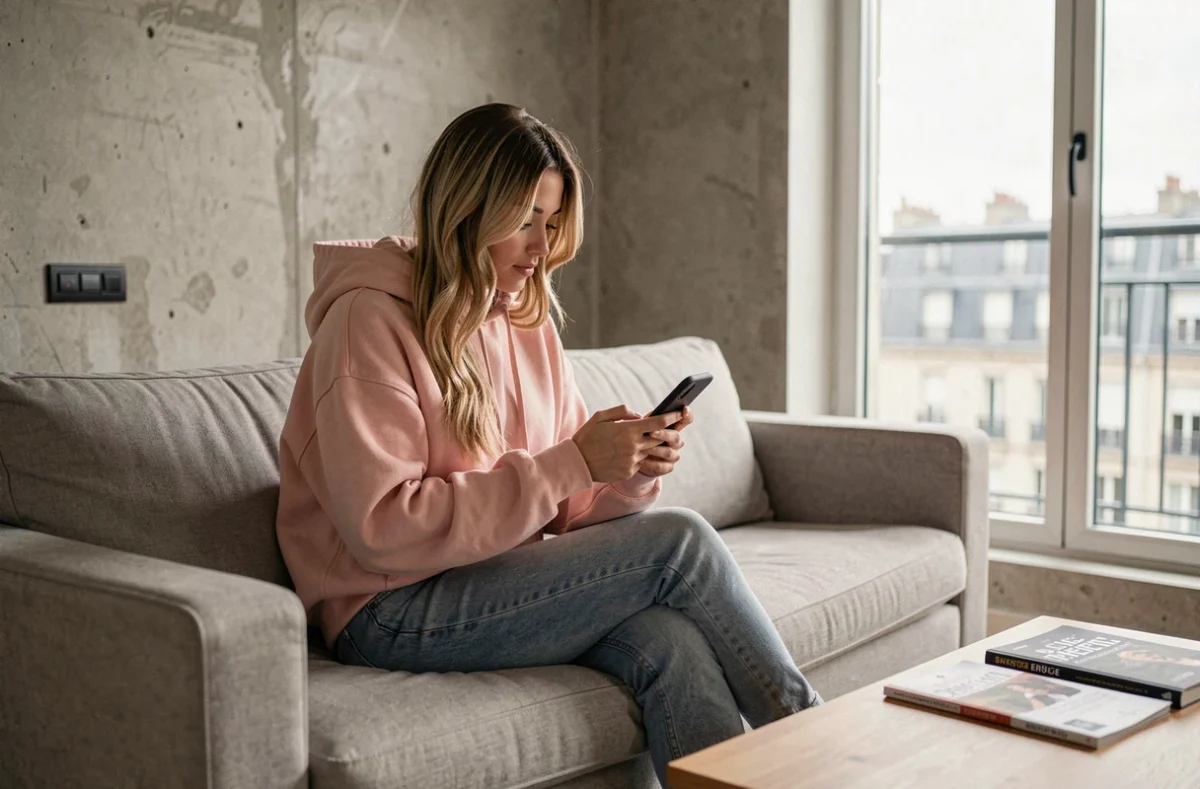 Jeune femme influenceuse de télé-réalité consultante son téléphone dans un appartement parisien moderne, inspirée du style de Julia de Frenchie Shore