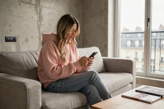 Jeune femme influenceuse de télé-réalité consultante son téléphone dans un appartement parisien moderne, inspirée du style de Julia de Frenchie Shore