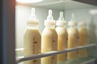 Lait maternel frais dans des bouteilles en stockage dans le frigo