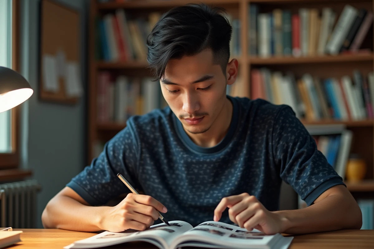 Jeune homme lisant un volume de manga Blue Lock ouvert sur un chapitre spécial, assis à un bureau en bois entouré de bibliothèques