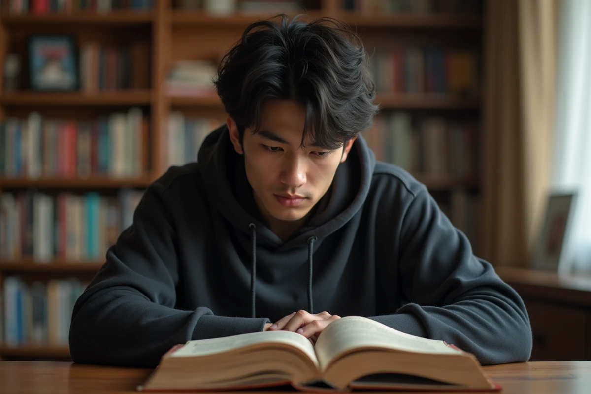 Jeune homme lisant un volume de manga culte dans une bibliothèque personnelle remplie de séries comme Polyp's Legacy