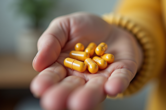 Main adulte tenant une capsule de vitamine B12 en gros plan