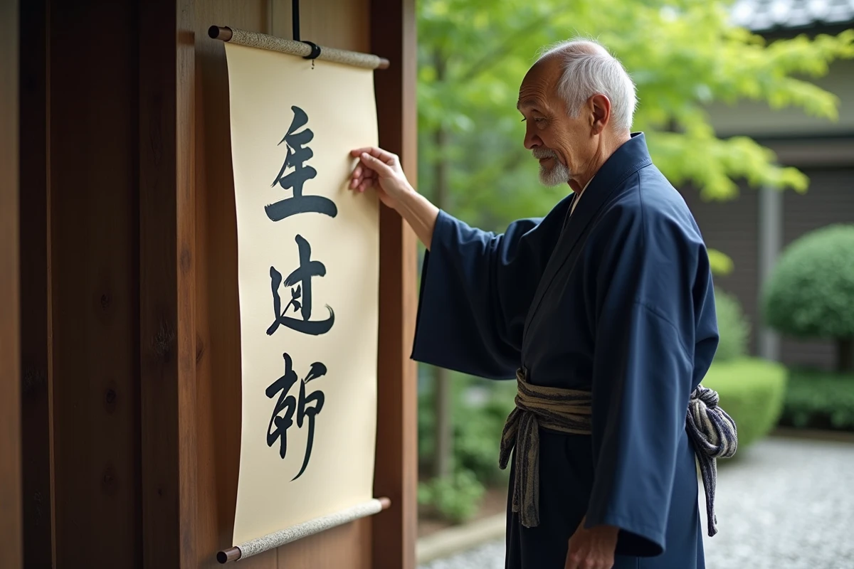 Maître calligraphe japonais exhibant son œuvre en extérieur
