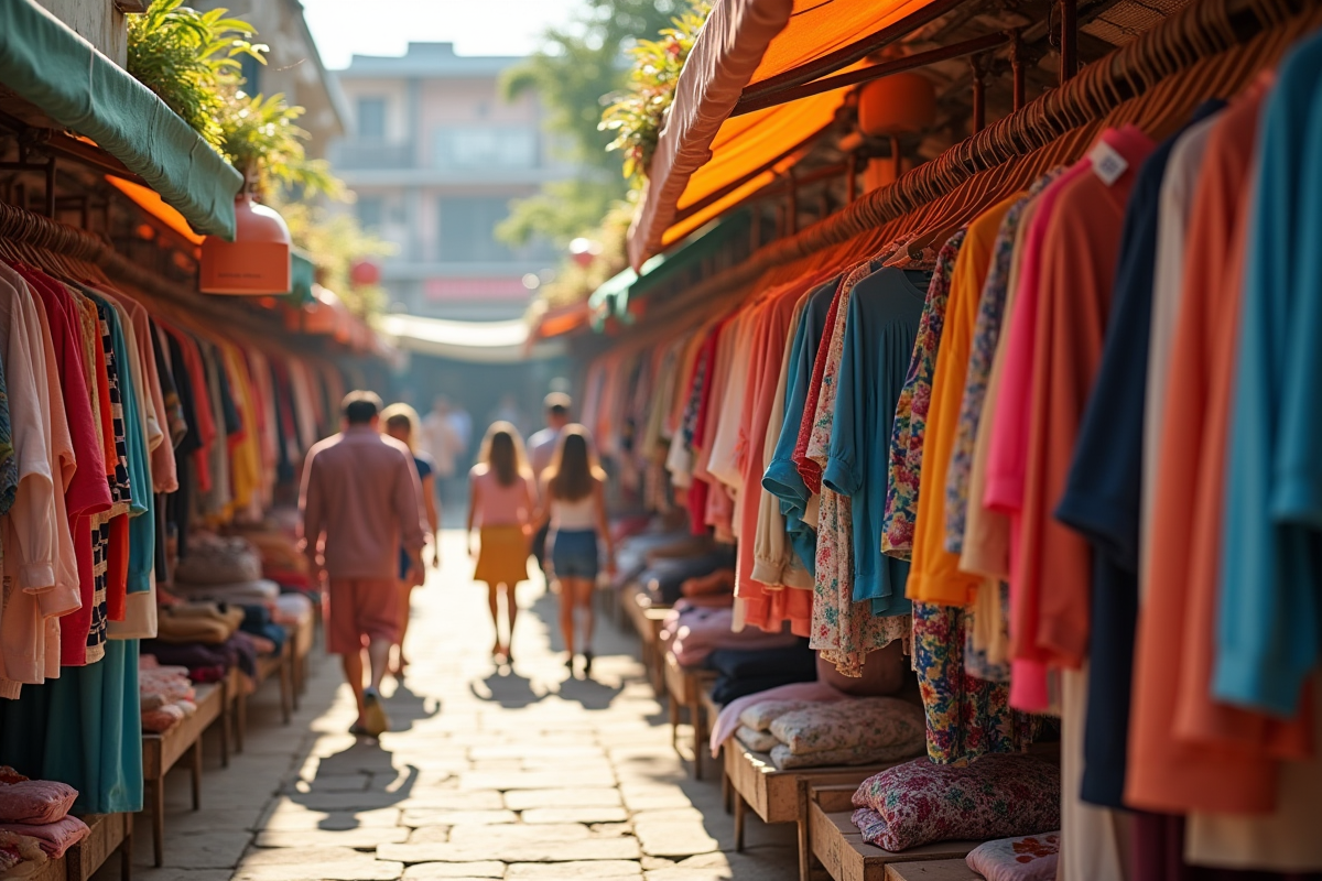 Marché en plein air avec stands de vêtements colorés et acheteurs