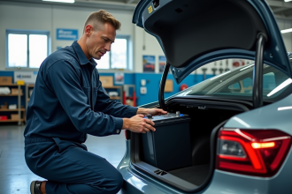 Mécanicien auto installant une batterie hybride dans une voiture