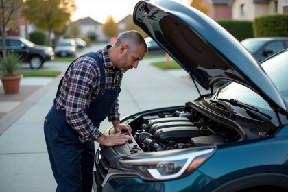 Mécanicien homme examine un moteur de voiture compacte