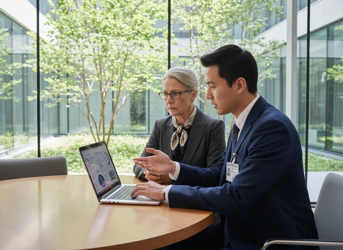 Jeune médecin homme discutant avec un consultant dans un cabinet lumineux
