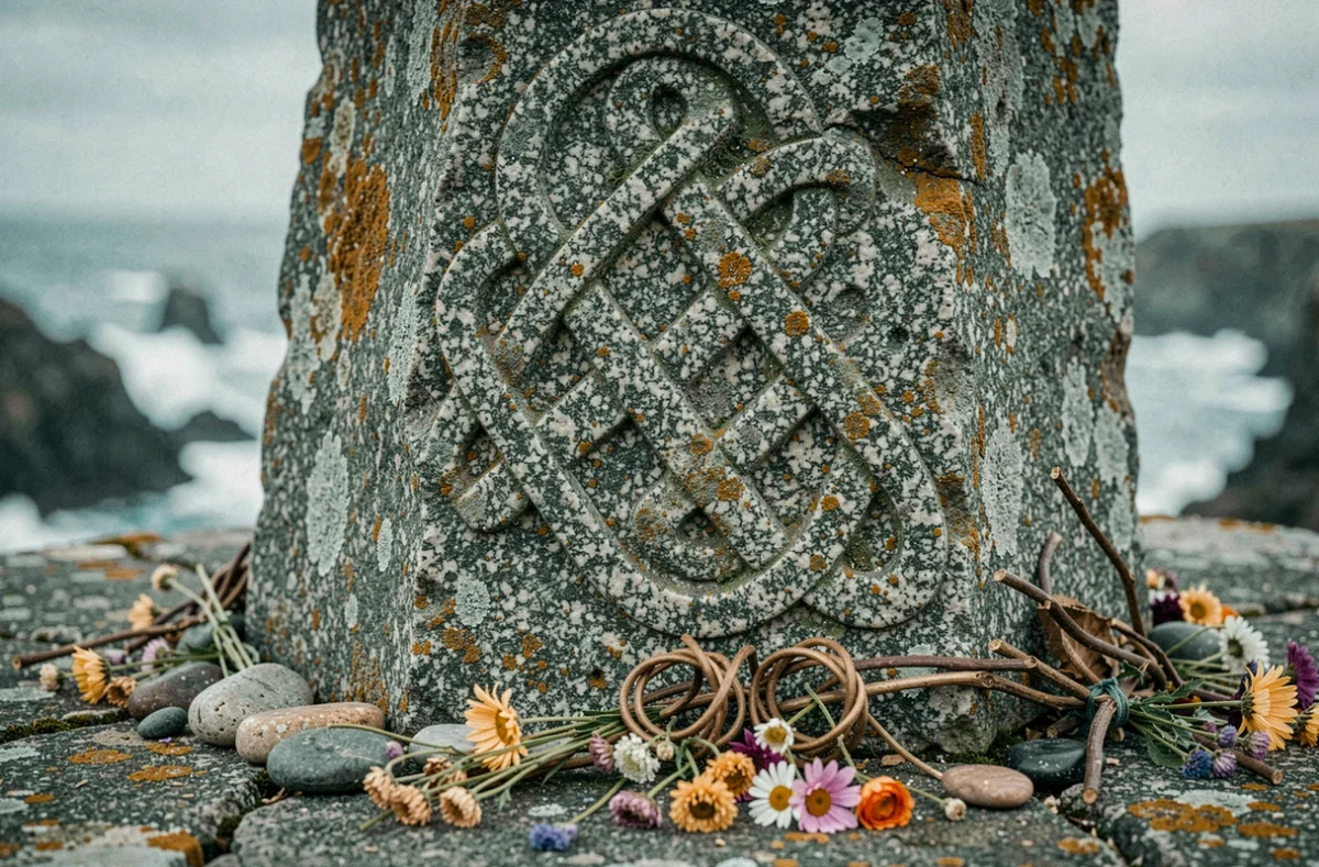 Détail d'un mégalithe breton gravé de motifs celtiques avec offrandes traditionnelles liées aux korrigans près de la côte atlantique