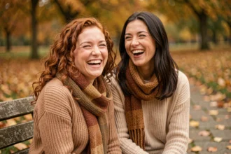 Deux meilleures amies d'enfance riant ensemble sur un banc en bois dans un parc automnal aux feuilles dorées