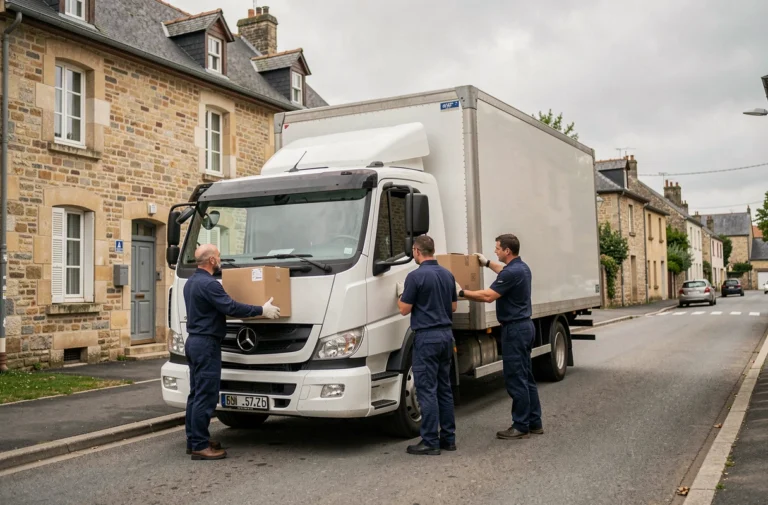 Équipe de déménageurs professionnels chargeant un camion dans une ville de l'Yonne