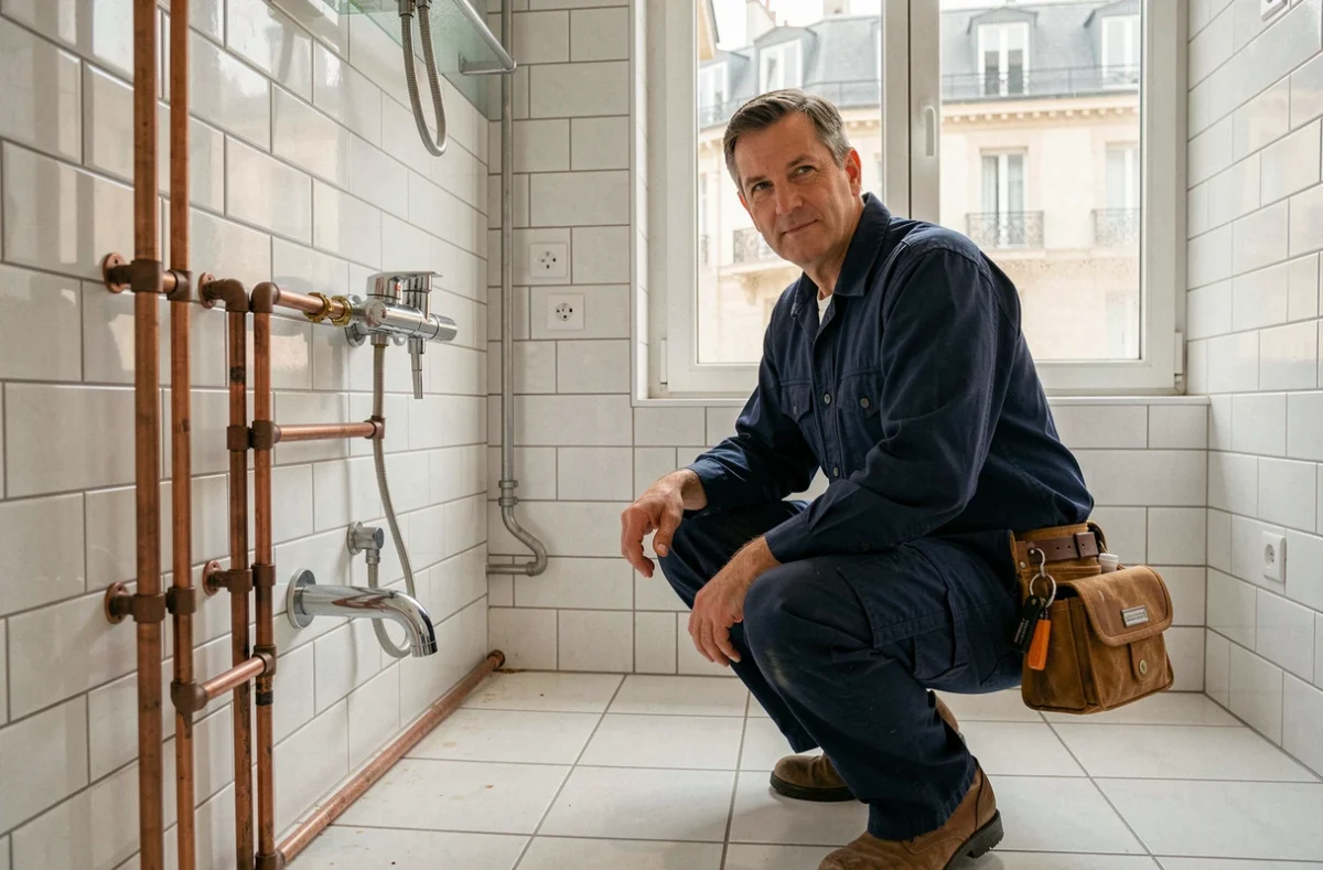 Plombier professionnel au travail dans une salle de bain parisienne moderne, représentant les meilleurs plombiers des Hauts-de-Seine