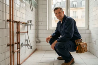 Plombier professionnel au travail dans une salle de bain parisienne moderne, représentant les meilleurs plombiers des Hauts-de-Seine