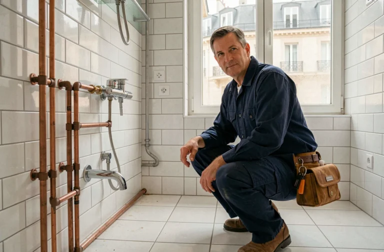 Plombier professionnel au travail dans une salle de bain parisienne moderne, représentant les meilleurs plombiers des Hauts-de-Seine