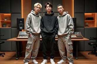 Les trois membres du groupe K-pop 3piece posent ensemble dans un studio d'enregistrement moderne en tenues streetwear coordonnées