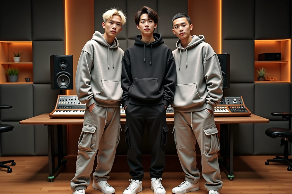 Les trois membres du groupe K-pop 3piece posent ensemble dans un studio d'enregistrement moderne en tenues streetwear coordonnées