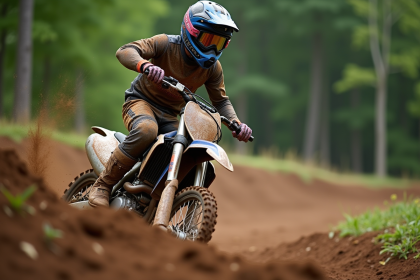 Jeune motocross rider en action sur une piste boueuse