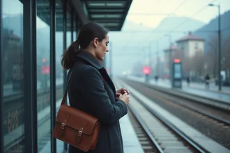 Femme navetteur consultant les horaires du tram à un arrêt moderne de Grenoble au petit matin avec les montagnes en arrière-plan