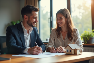 Notaire et jeune couple examinant des documents immobiliers