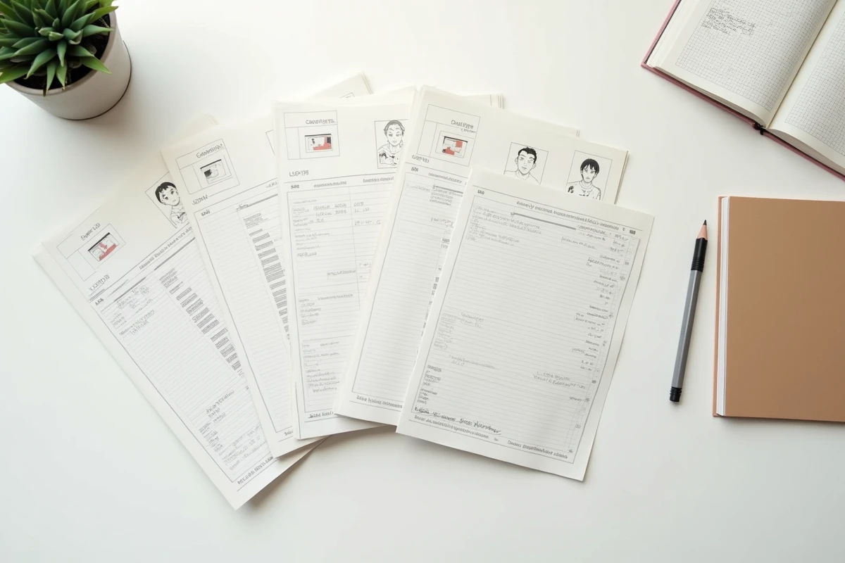 Vue aérienne de plusieurs volumes de manga de foot disposés en éventail avec des fiches de numérotation de chapitres spéciaux
