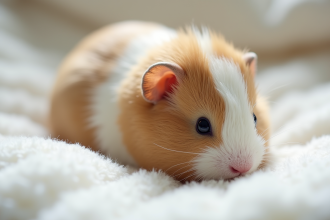 Un bébé cobaye blanc repose sur un lit doux blanc