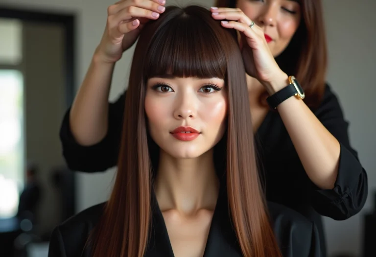 Frange rideau élégante sur cheveux lisses avec conseils de coiffeurs