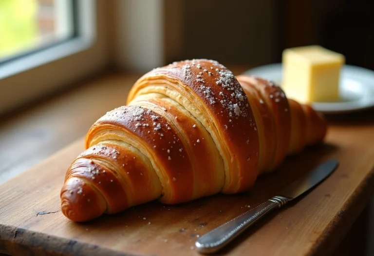 Croissant au beurre doré sur une assiette avec des détails gourmands