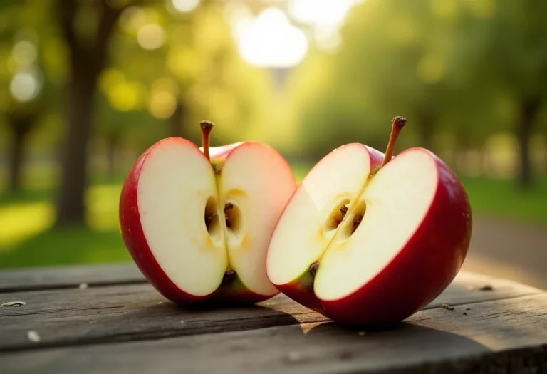 Pomme Kissabel avec sa chair rouge et son goût unique dans un verger moderne