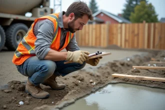 Ouvrier du bâtiment consultant un plan de dosage béton sur un chantier de construction avec dalle en béton fraîchement coulée