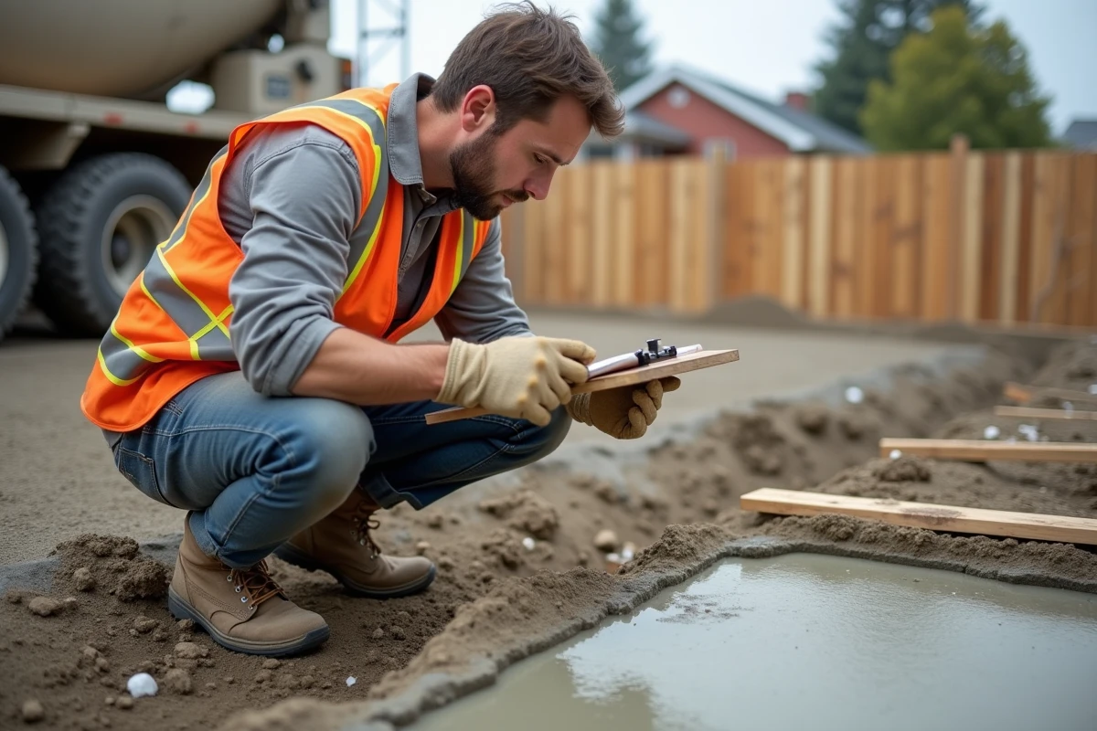 Ouvrier du bâtiment consultant un plan de dosage béton sur un chantier de construction avec dalle en béton fraîchement coulée