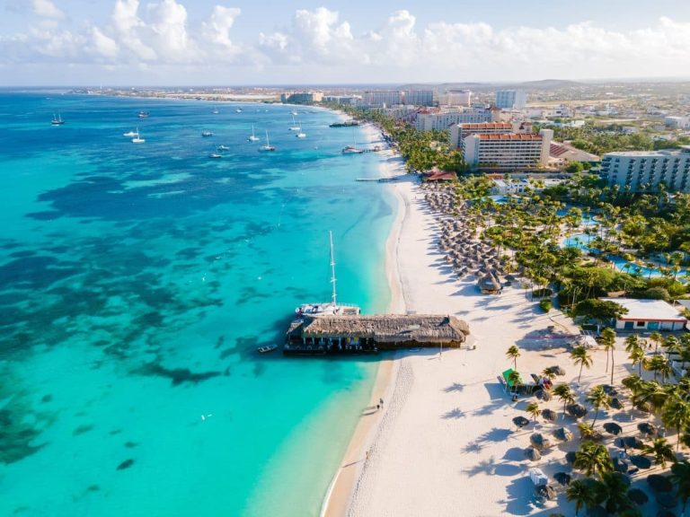 plage de sable blanc avec palmiers aux Antilles