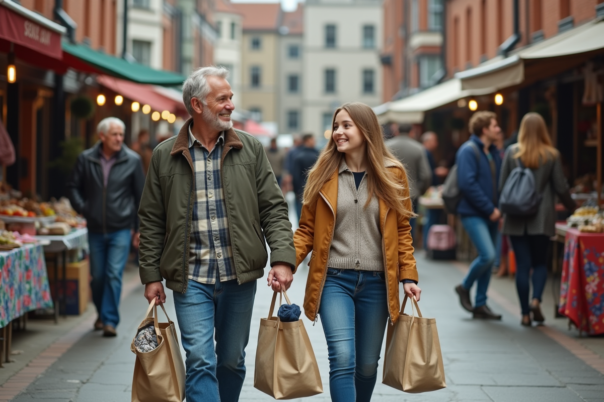 Père et fille marchant dans un marché urbain avec sacs de seconde main
