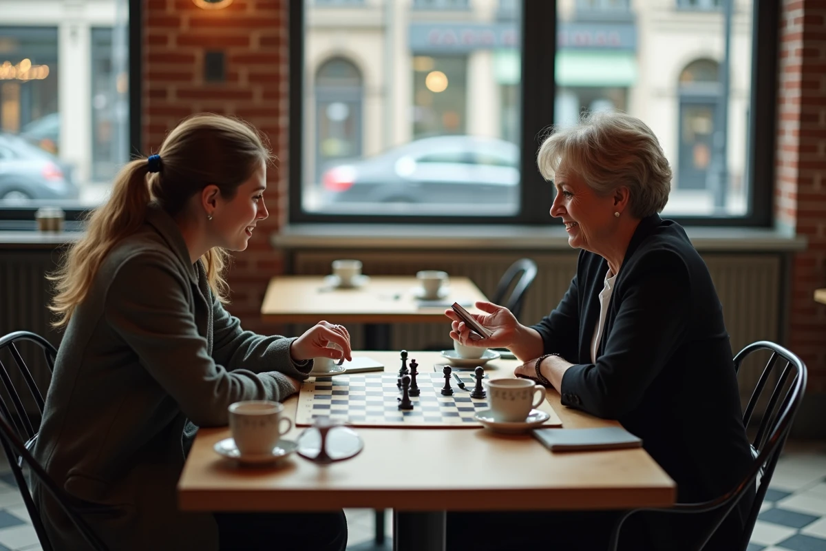 Deux femmes jouant à un jeu de stratégie compétitif dans un café urbain moderne
