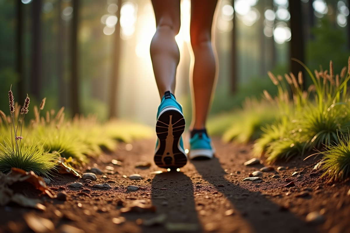 Pieds en chaussures de course sur un sentier forestier en mouvement