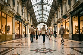 Vue grand angle d'un passage couvert parisien du XIXe siècle avec arches en fonte, sol en mosaïque et boutiques vintage de chaque côté