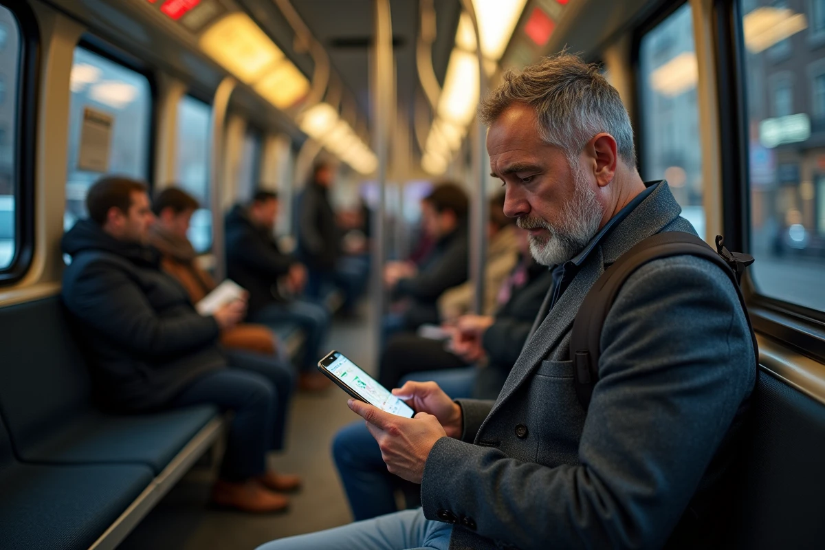 Passager navetteur consultant les horaires du tram sur son téléphone à l'intérieur d'une rame de tramway de Grenoble le soir