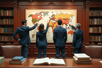 Groupe de personnes devant une carte du monde indiquant les pays commençant par la lettre F dans une bibliothèque universitaire