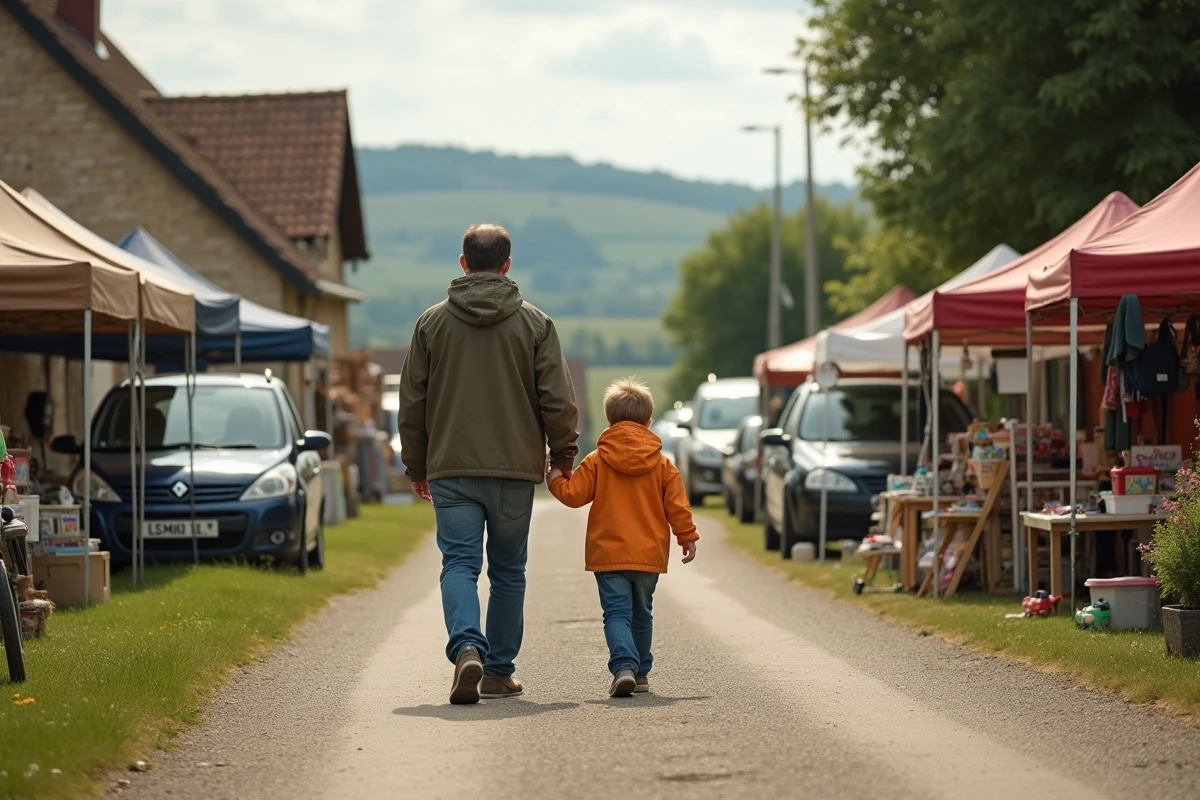 Pere et son fils marchant dans la campagne lors d