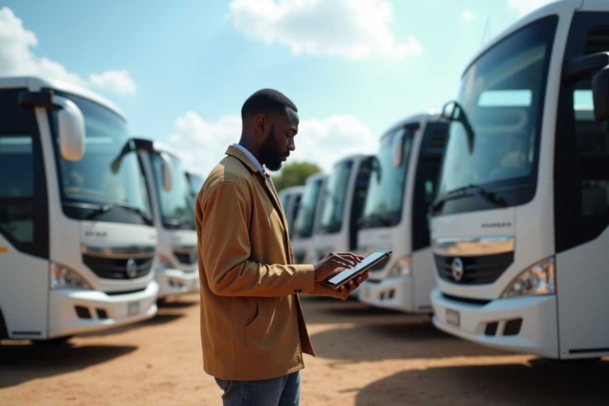 Personne comparant les prix de minibus avec tablette en plein air