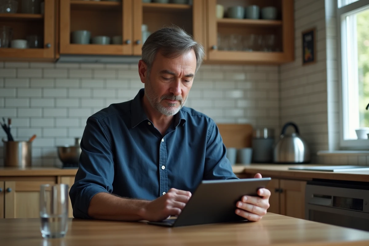 Personne consultant des solutions de dépannage de connexion sur une tablette dans une cuisine
