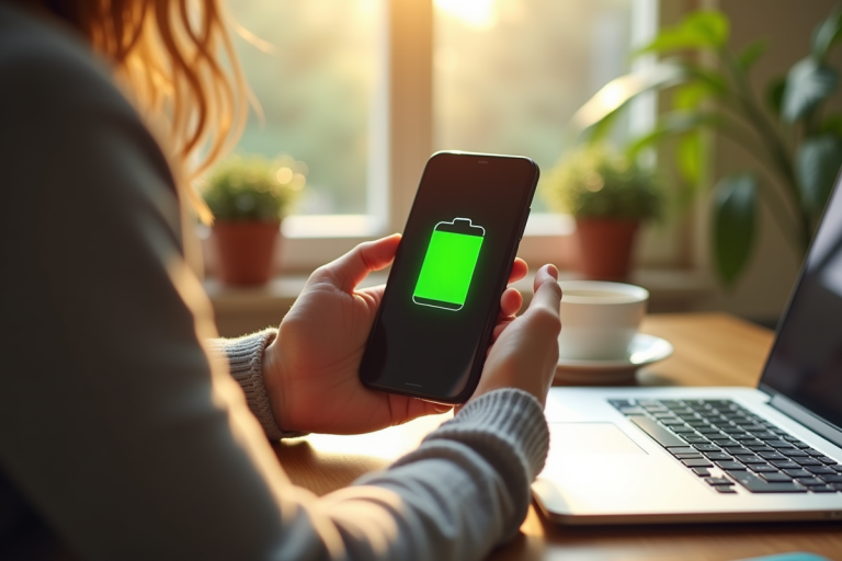 Personne tenant un smartphone avec une batterie pleine