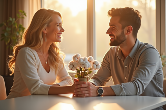 Couple souriant lors d'un petit déjeuner avec cadeau coton