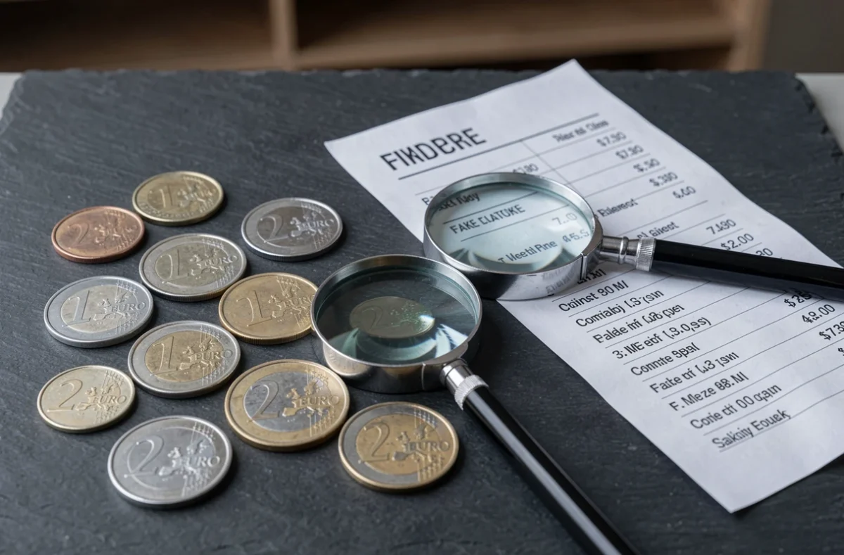 Pièces de 2 euros rares étalées sur une surface ardoise avec une loupe et une liste de faux prix de collection