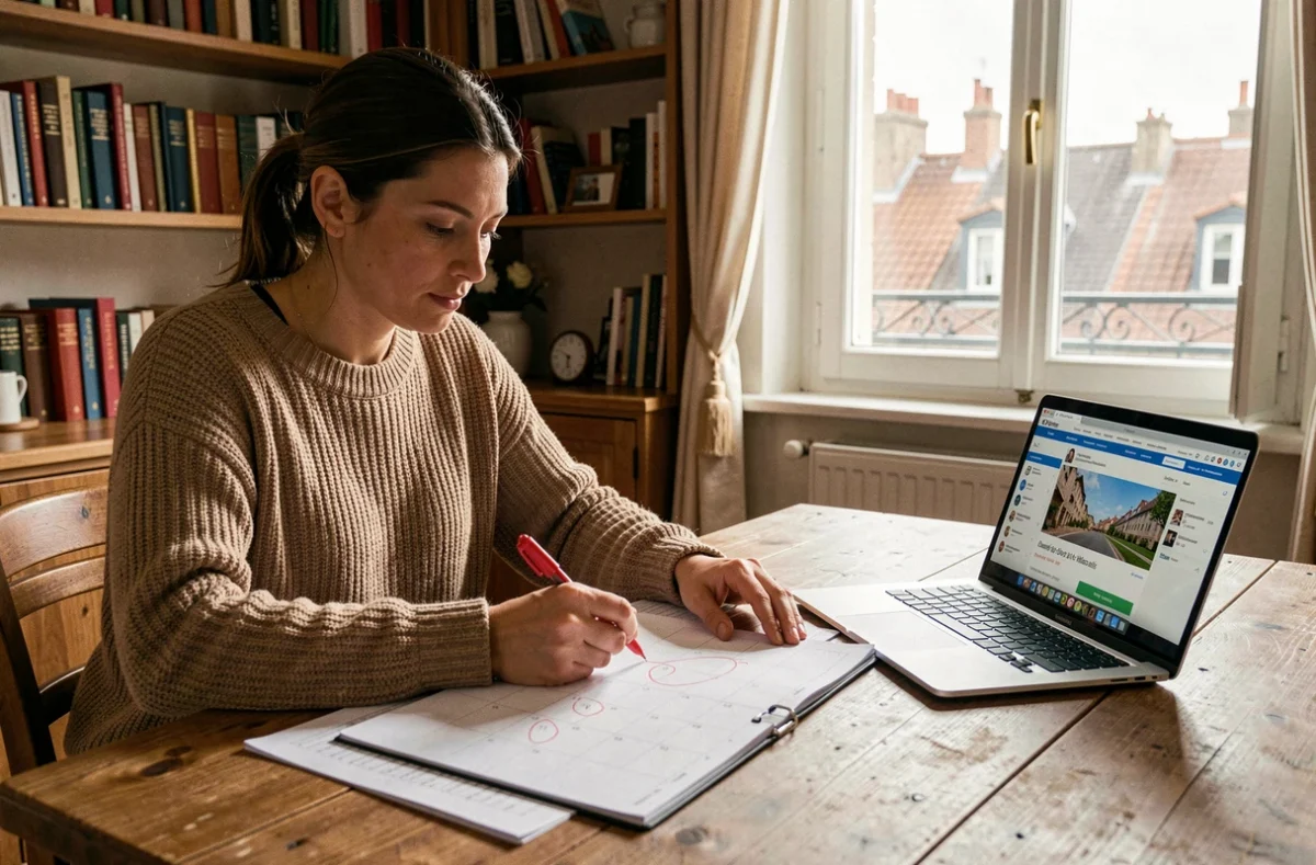 Femme planifiant ses vacances autour des jours fériés 2026 avec un calendrier papier et un ordinateur portable