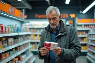 Homme examinant le prix d'un paquet de cigarettes Winston dans une station-service allemande sur l'Autoroute